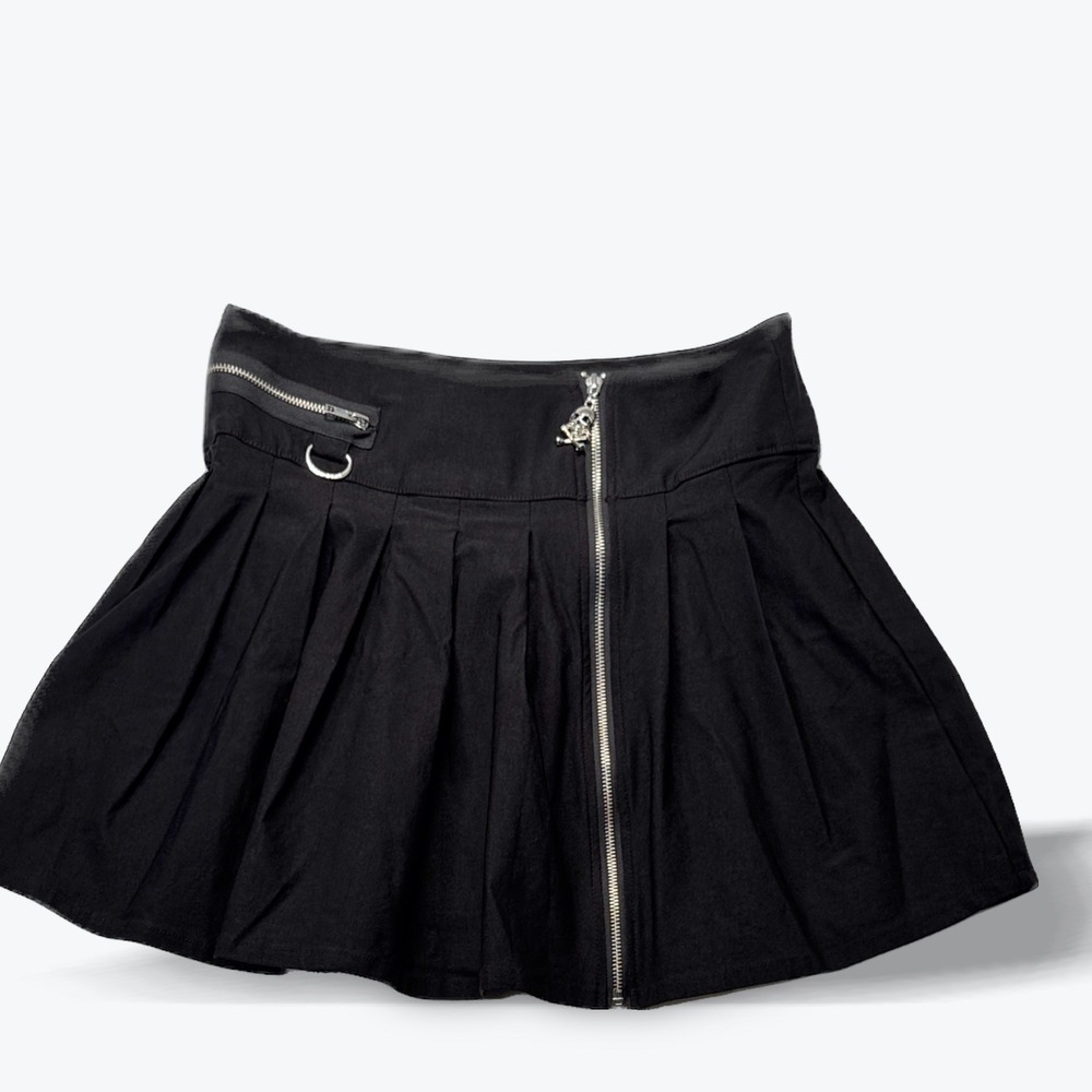 Killstar Pleated Mini Skirt Don't Cross Me Skull Black Gothic Front Zip Large